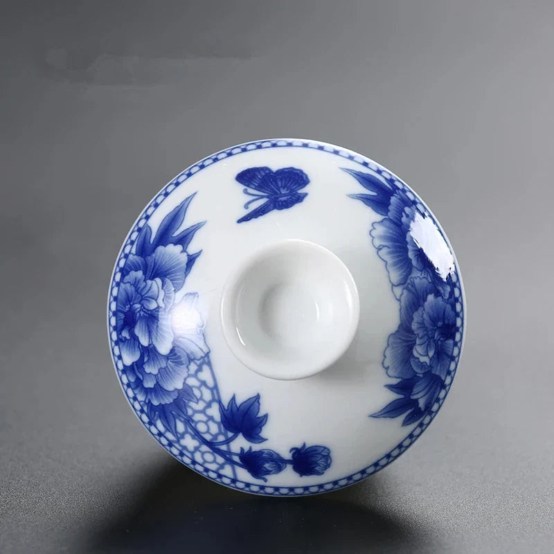 Ceramic Sancai Tea Bowl with Lid – Blue & White Porcelain Cover for Kungfu Tea Set Household Accessories