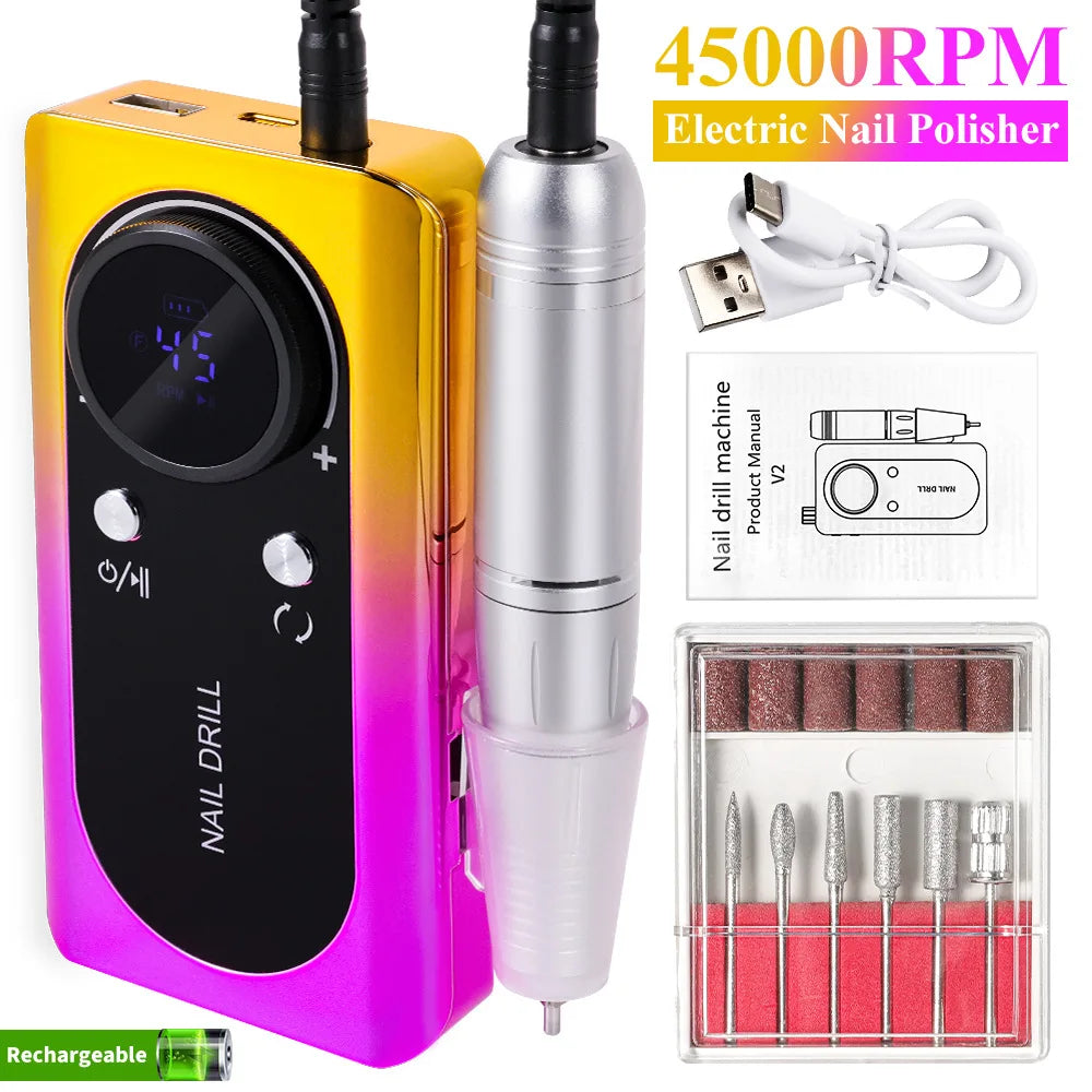 New 45000RPM Professional Electric Nail Drill – Rechargeable Nail File for Gel Nails, Low Noise Sander, Nail Accessories