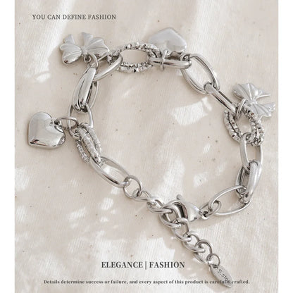 NiNice Stainless Steel Heart & Bow Pendant Bracelet – Romantic DIY Fashion Jewelry Gift for Women, Elegant Trendy Design