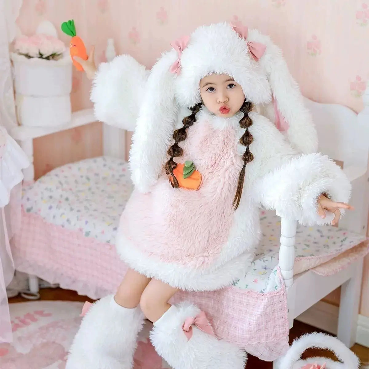 Kids Plush Rabbit Costume Set - Warm Winter Top, Pants & Hat Outfit for Girls