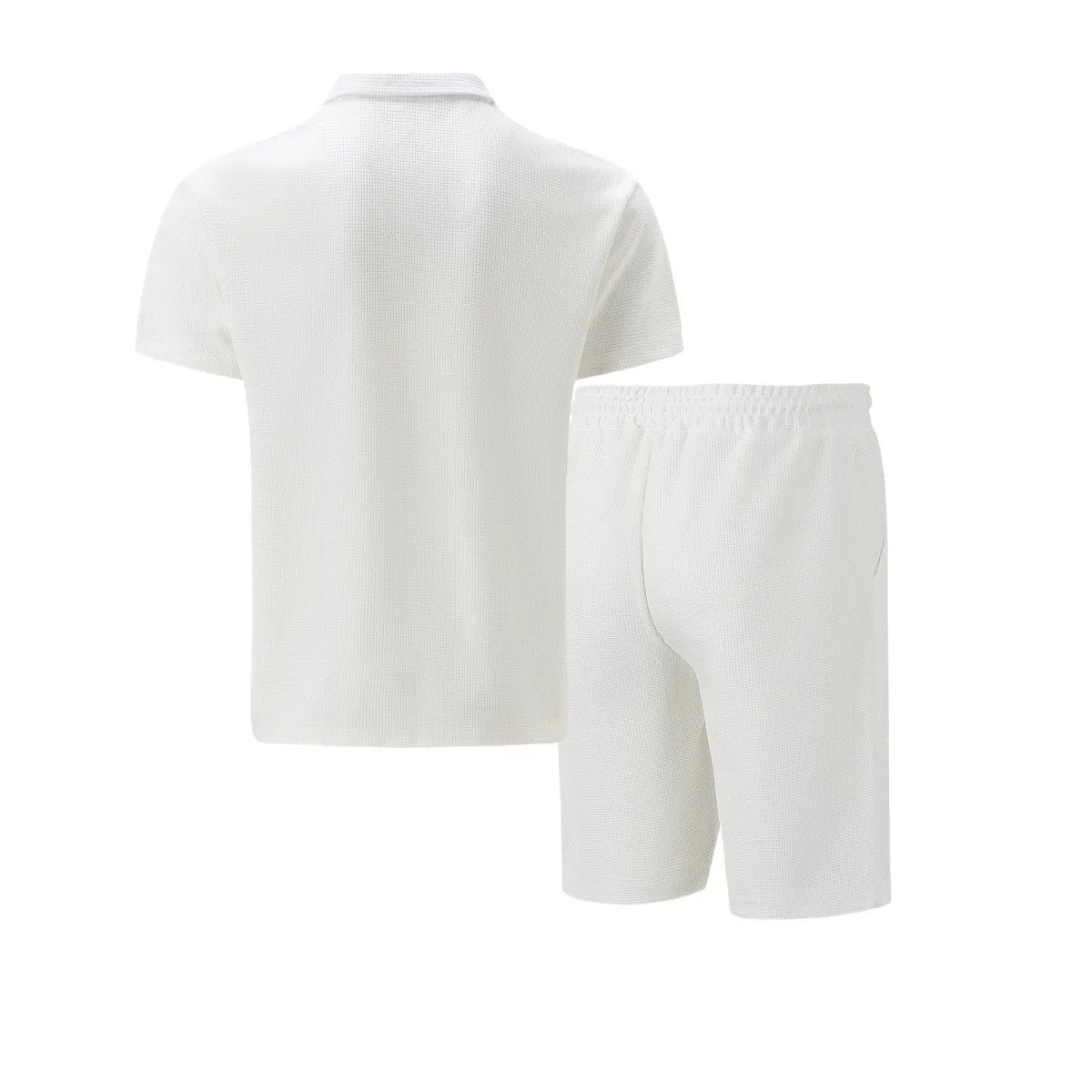 2025 Men's Summer Waffle Knit Short Set – Solid Color Zip-Up Lapel Shirt & Shorts | European & US Style