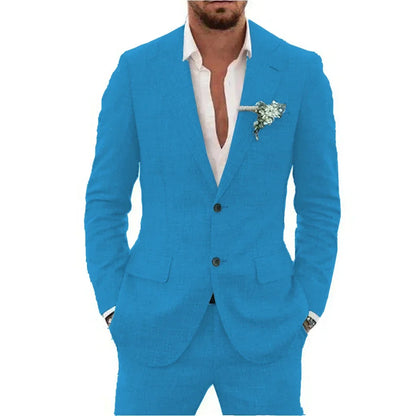 Men's Linen Suit Set - Slim Fit Notched Lapel 2 Piece Wedding & Beach Tuxedo Outfit For Summer Casual Formal Wear