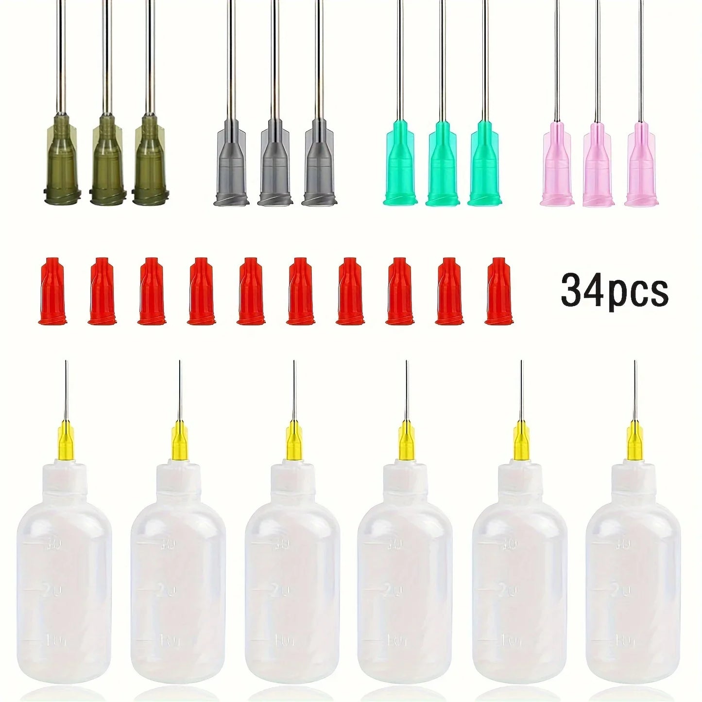 34pcs Glue Applicator Bottles Set – 30ml Plastic Squeezable Dropper with Blunt Needle Tips (14ga, 16ga, 18ga, 20ga)