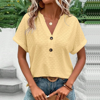 2023 Women's Jacquard V-Neck Blouse – Casual Button-Up, Loose Fit Short Sleeve Oversized Summer Shirt