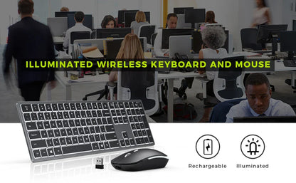 Backlit Wireless Keyboard and Mouse Combo – 2.4G USB Rechargeable Silent Full-Size Slim Set