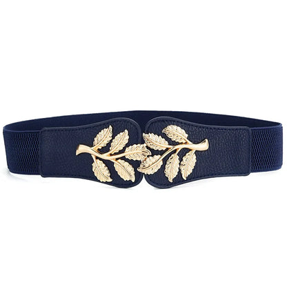 Women’s Wide Waist Belt – Gold Leaf Elastic with Double Hook Buckle, Fashionable Skirt Accessory