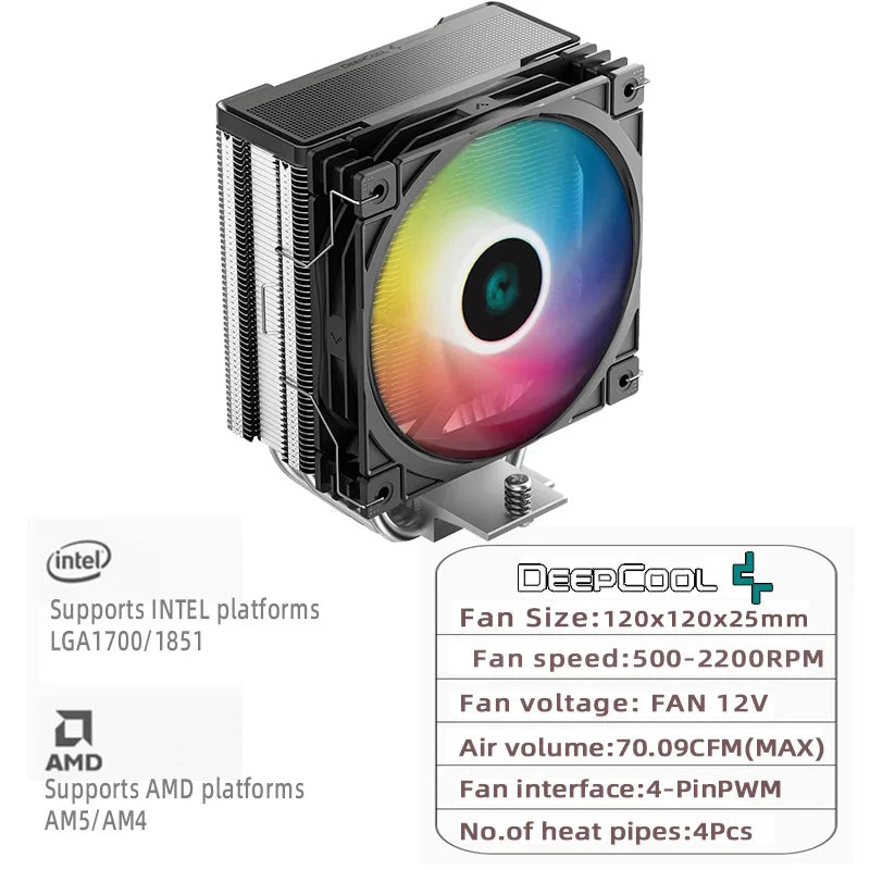 DEEPCOOL AG400 ARGB CPU Air Cooler – 4 Heat Pipes PWM 220W TDP Radiator for Intel LGA1700/1200/115X & AMD AM4/AM5 High Performance Cooling Fan