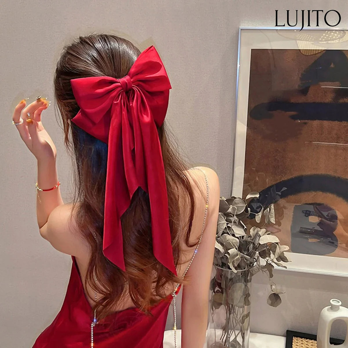 Women's Large Satin Bow Hair Clip – Black, White & Red Retro Hair Accessory for Daily Wear