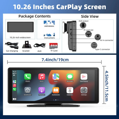 Portable Wireless CarPlay Car Stereo 10.26-Inch HD Touchscreen - Android Auto, Mirror Link & Backup Camera Support