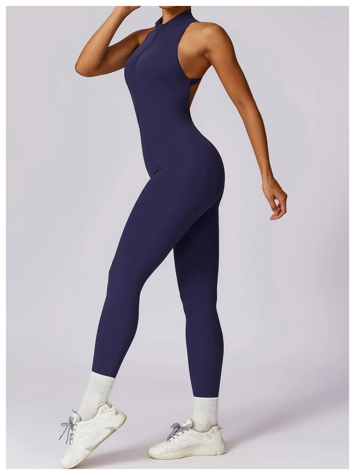 Women’s V-Back One-Piece Sports Jumpsuit — Sleeveless Yoga Romper with Zipper Workout Bodysuit