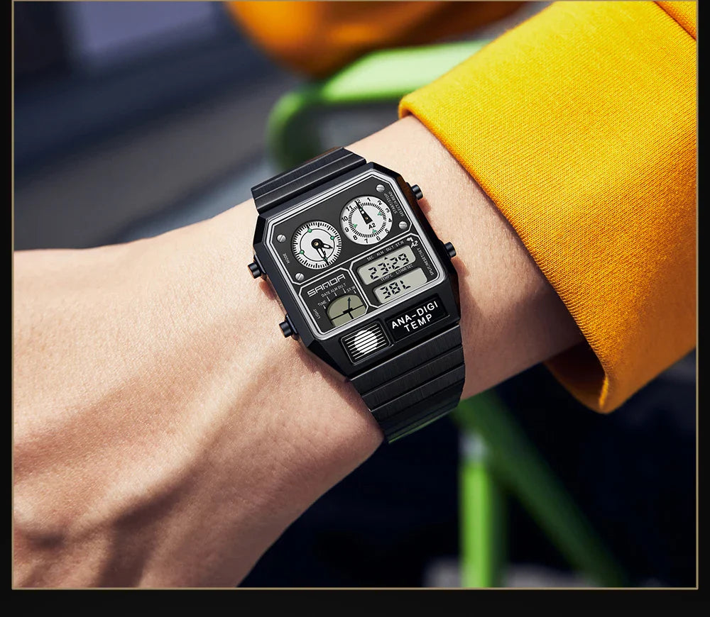 SANDA 3192 Men’s LED Square Watch — Youth Casual Multi-Function Stopwatch Thermometer Chronograph