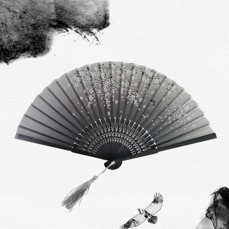 Bamboo Folding Fan with Silk — Chinese & Japanese Style Handheld Fan, Antique Art Craft for Summer Dance, Home Decor & Party