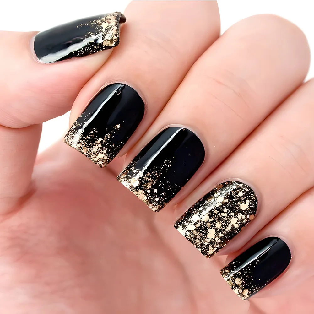 24PCS Short Square Coffin False Nails – French Glitter Acrylic Press-On Nail Tips with Glue, Wearable Fake Nails Set