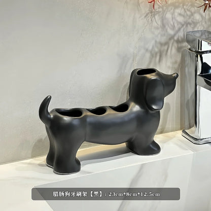 Dachshund Ceramic Toothbrush Holder – Electric Toothbrush Storage Rack and Bathroom Sink Organizer with Toothpaste Holder