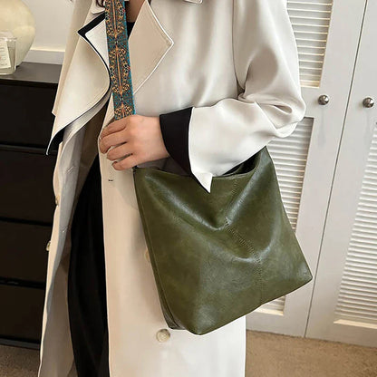 Wide Geometric Strap Shoulder Bag - Large Capacity Crossbody PU Leather Bag for Women, Retro Style for Shopping and Travel