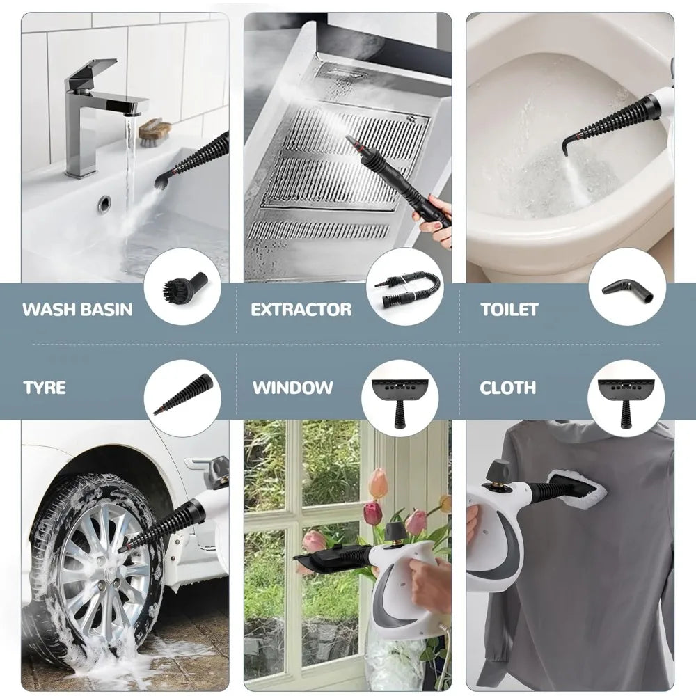 Portable Handheld Steam Cleaner – Large Capacity with 11 Piece Accessory Set for Floor, Car, Carpet & Window Cleaning