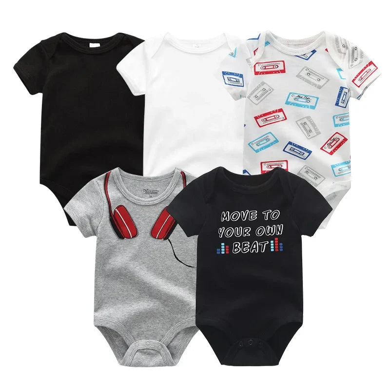 5PCS Newborn Baby Bodysuit Set - Soft Cotton Unisex Baby Clothes with Cartoon Print for Boys & Girls