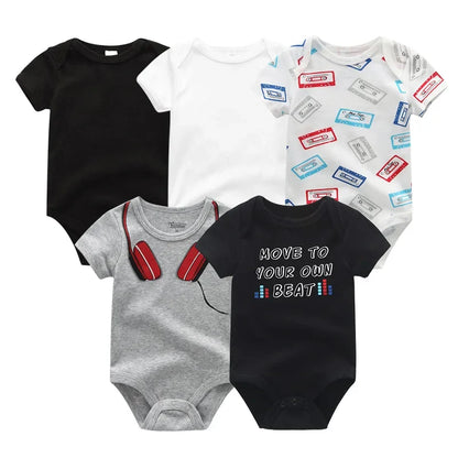 5PCS Newborn Baby Bodysuit Set - Soft Cotton Unisex Baby Clothes with Cartoon Print for Boys & Girls