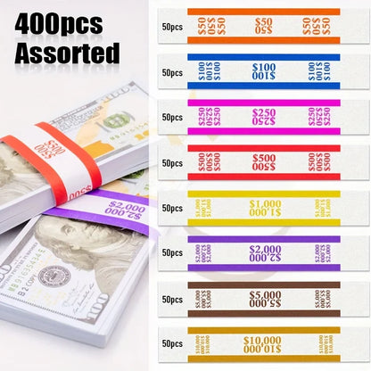 400pcs Assorted Money Bands – Self-Sealing Bill Straps for Cash Binding, Currency Organization & Fake Clinton Band