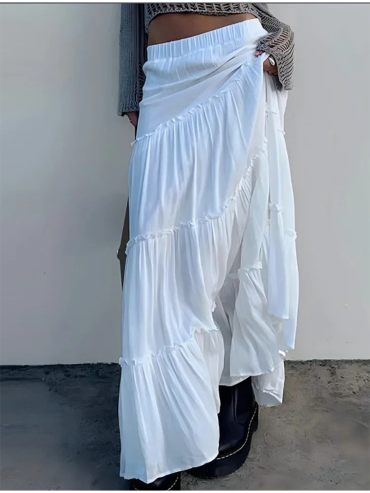 Women’s High Waist White Autumn Skirt – Lotus Leaf Edge Pleated Solid Color Cake Skirt, Trendy Comfortable Design