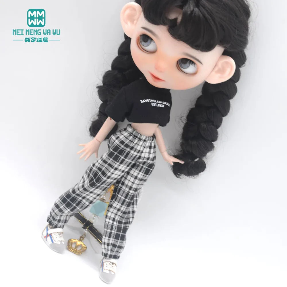 Blythe Doll Clothes – Fashion Tops, Black & White Shirts with Jeans & Plaid Pants for Azone OB22/OB24 Dolls