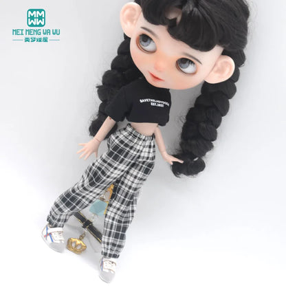 Blythe Doll Clothes – Fashion Tops, Black & White Shirts with Jeans & Plaid Pants for Azone OB22/OB24 Dolls