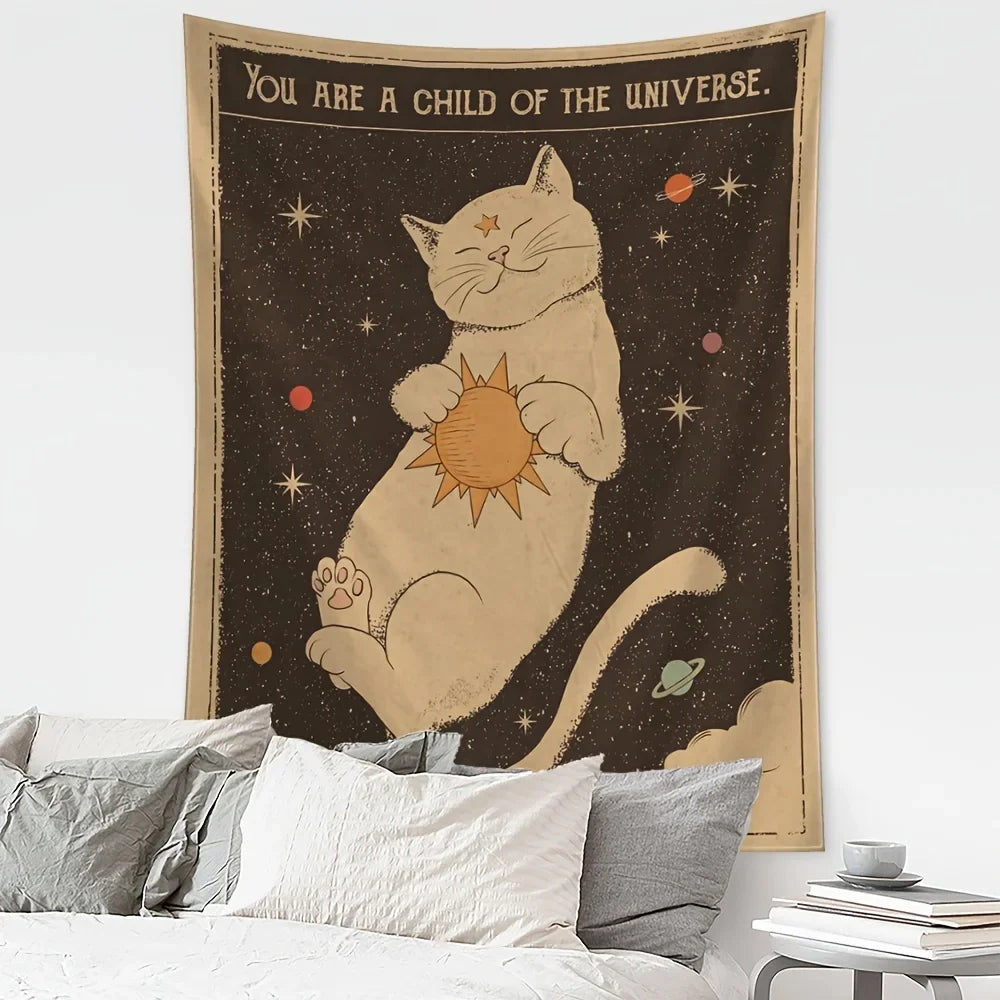 Sun Moon Tarot Cat Tapestry | Witchcraft Wall Hanging | 'You Are a Child of the Universe' Bohemian Home Decor | Hippie Bedroom Decoration