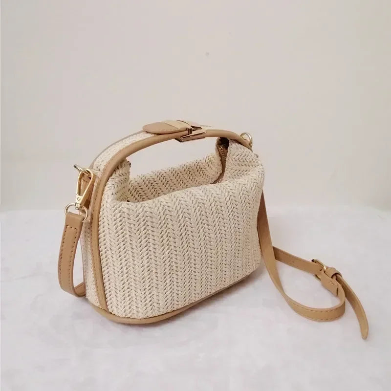 Summer Small Straw Handbag — Trendy Woven Bucket Crossbody Shoulder Bag, Casual Beach Tote for Girls