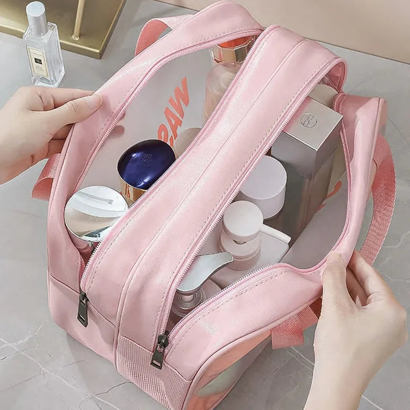 Waterproof Large Capacity Travel Cosmetic Bag – Portable Shower Makeup Organizer with Separate Wet & Dry Compartments