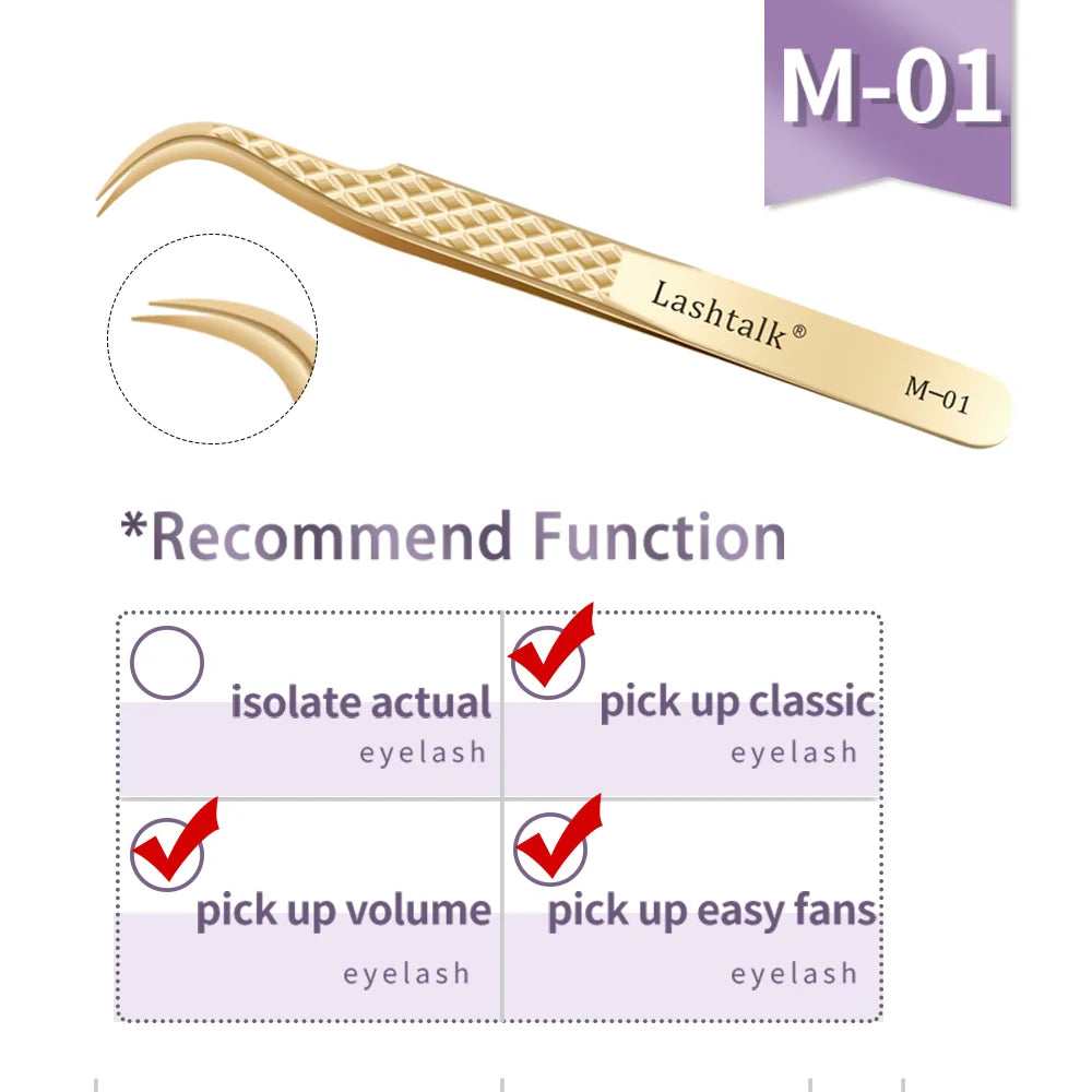 Lashtalk Precision Fiber Tip Tweezer - Diamond Grip Anti-Slip Gold Stainless Steel for Eyelash Extensions Makeup by Nagaraku