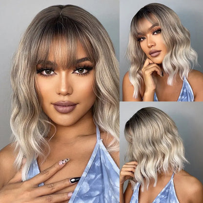 Women’s Grey Wavy Bob Wig with Bangs — Short Blonde Ombre Synthetic Hair with Dark Roots for Daily Wear