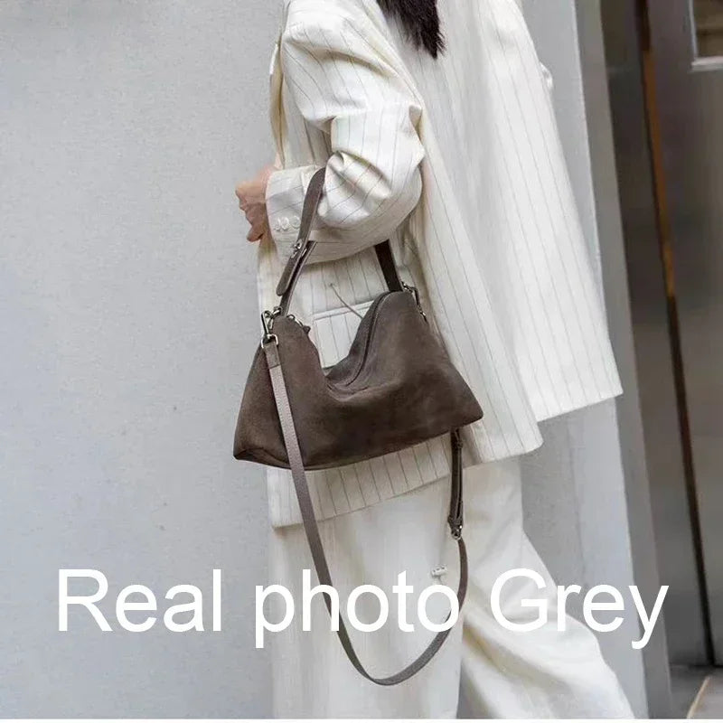 Simple Autumn Winter Grey & Brown Boston Tote — Soft Matte Suede Cow Leather Women's Shoulder Handbag