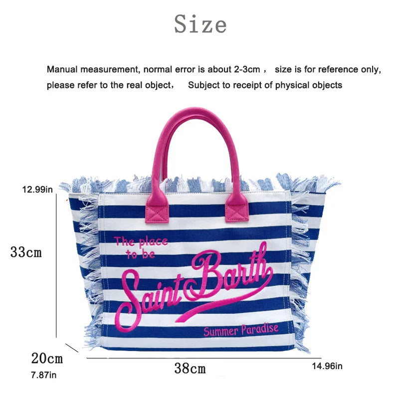 Saint Barth Large Capacity Women's Beach Handbag – European & American Style, Deep Blue Striped Tassel Tote