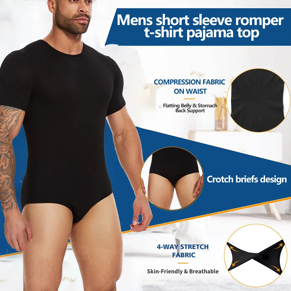 Men’s Short Sleeve Full-Body Shaper Bodysuit – Tummy Control Romper Pajamas, Waist Trainer Slimming Shapewear Undershirt