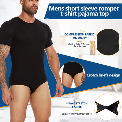 Men’s Short Sleeve Full-Body Shaper Bodysuit – Tummy Control Romper Pajamas, Waist Trainer Slimming Shapewear Undershirt