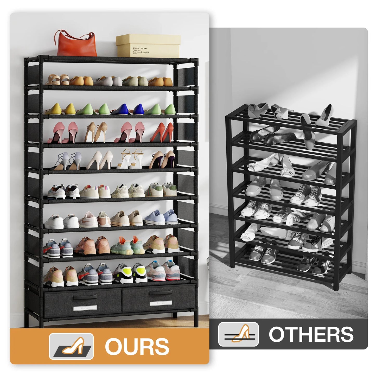 Tribesigns 10-Tier Shoe Rack Organizer – Vertical Shoe Shelf with 4 Drawer Bins, Holds 32 Pairs for Closet & Entryway