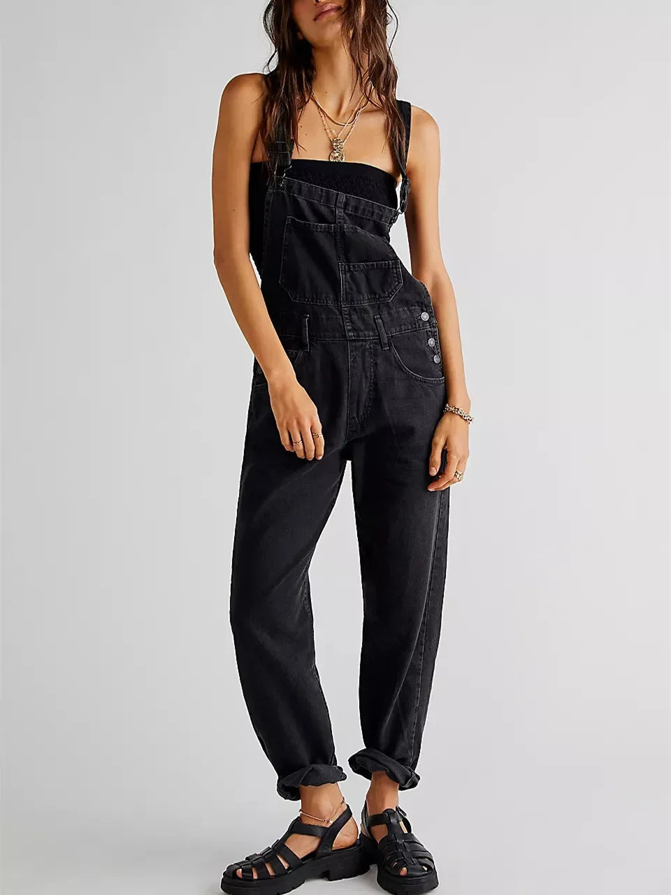 Women’s Denim Overalls - Loose Fit Stretchy Bib Jumpsuit with Tapered Leg Casual Jean Pants