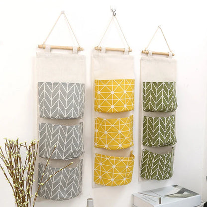 Three-Pocket Hanging Wall Storage Bag – Cotton Linen Organizer for Bedroom, Living Room & Kitchen
