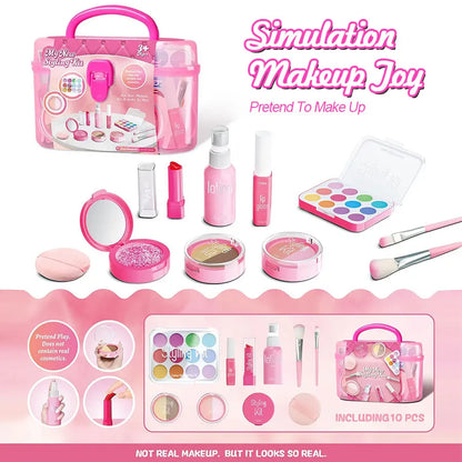 Pretend Makeup Playset, 10 Piece Non-Toxic Toy Cosmetics Set with Eyeshadow Palette, Lipstick, and Applicators (Not Real Makeup)