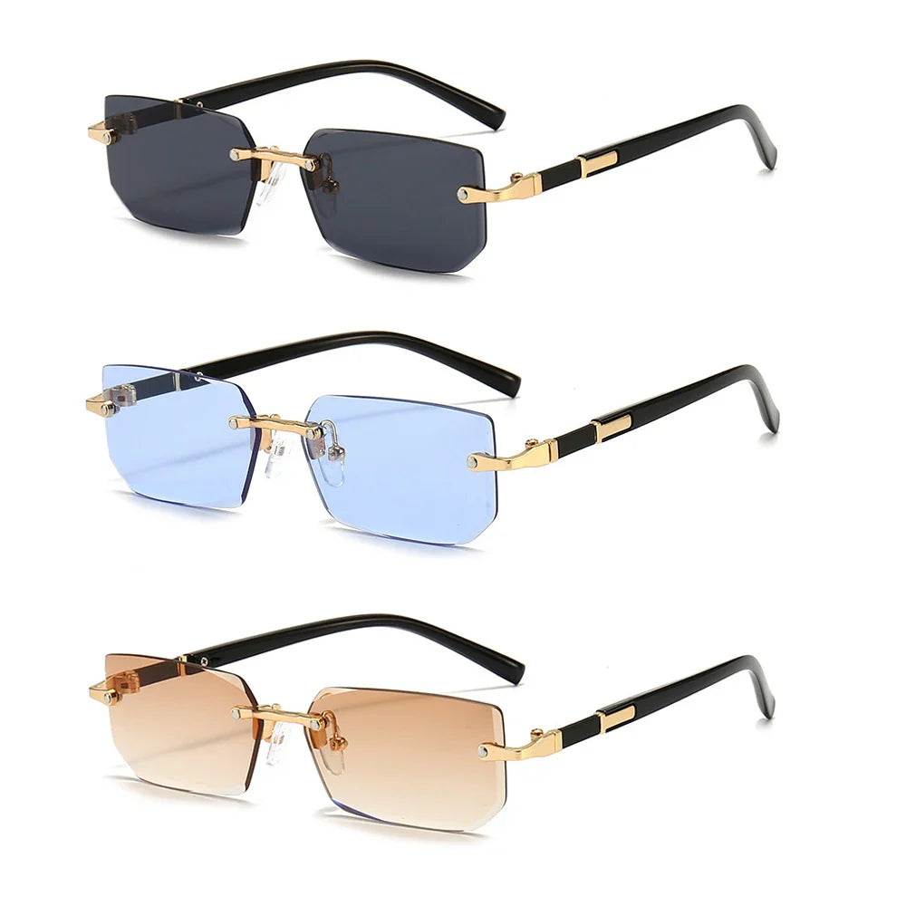 Rimless Rectangle Sunglasses — Fashion Small Square Shades for Men & Women, Summer Travel Eyewear
