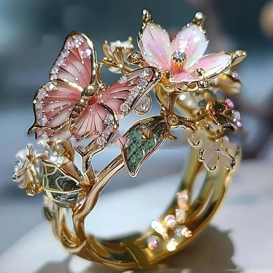 Flower Butterfly Ring - Romantic Rhinestone Adjustable Jewelry for Women, Weddings & Gifts