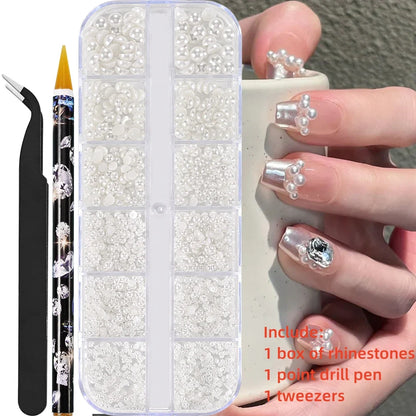 12-Grid 3D Glass AB Crystal Nail Art Rhinestones Kit – Flatback Round Beads with Tools for Nail Jewelry & Diamond Decoration
