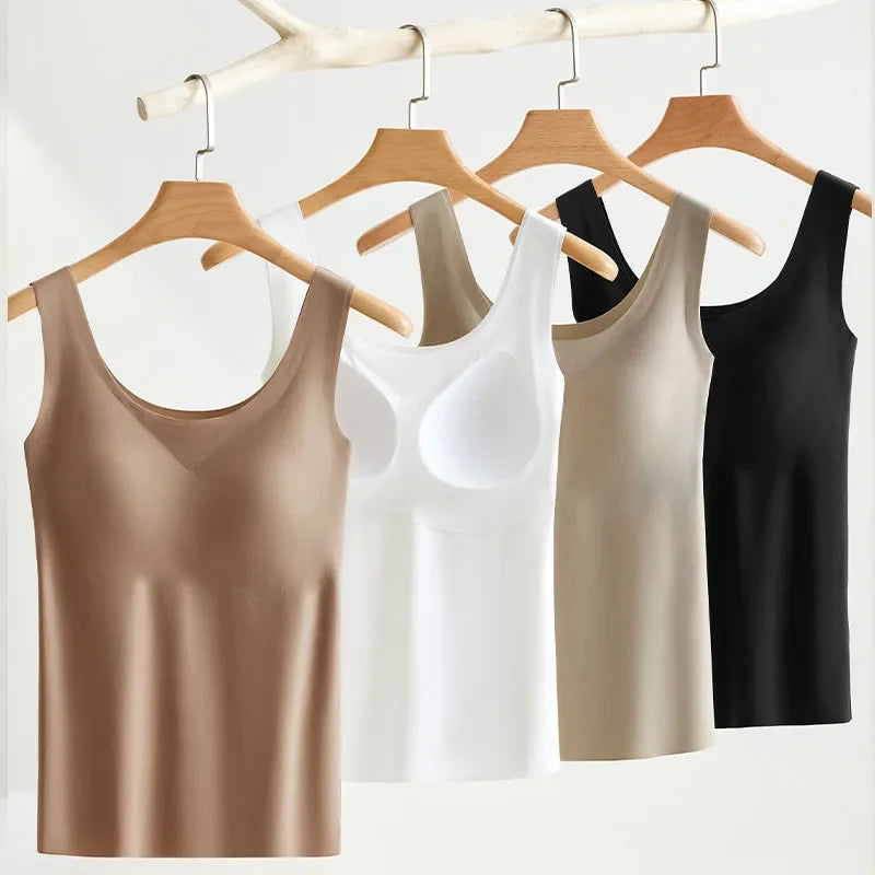 Women's Ice Silk Seamless Tank Top with Chest Pads - Wide Shoulder Sleeveless Innerwear