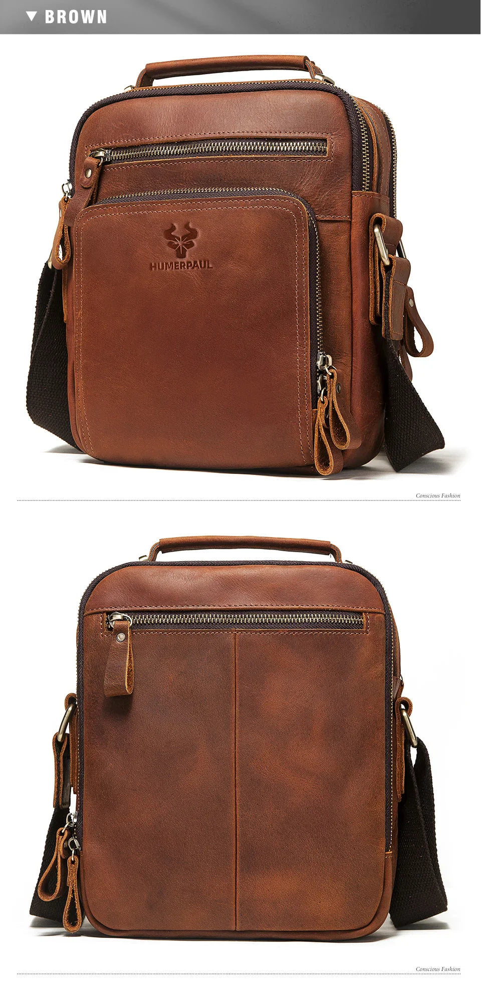 HUMERPAUL Genuine Leather Men's Shoulder Bag – Vintage Crossbody, Large Capacity Messenger Tote for Travel