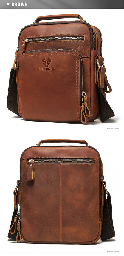 HUMERPAUL Genuine Leather Men's Shoulder Bag – Vintage Crossbody, Large Capacity Messenger Tote for Travel