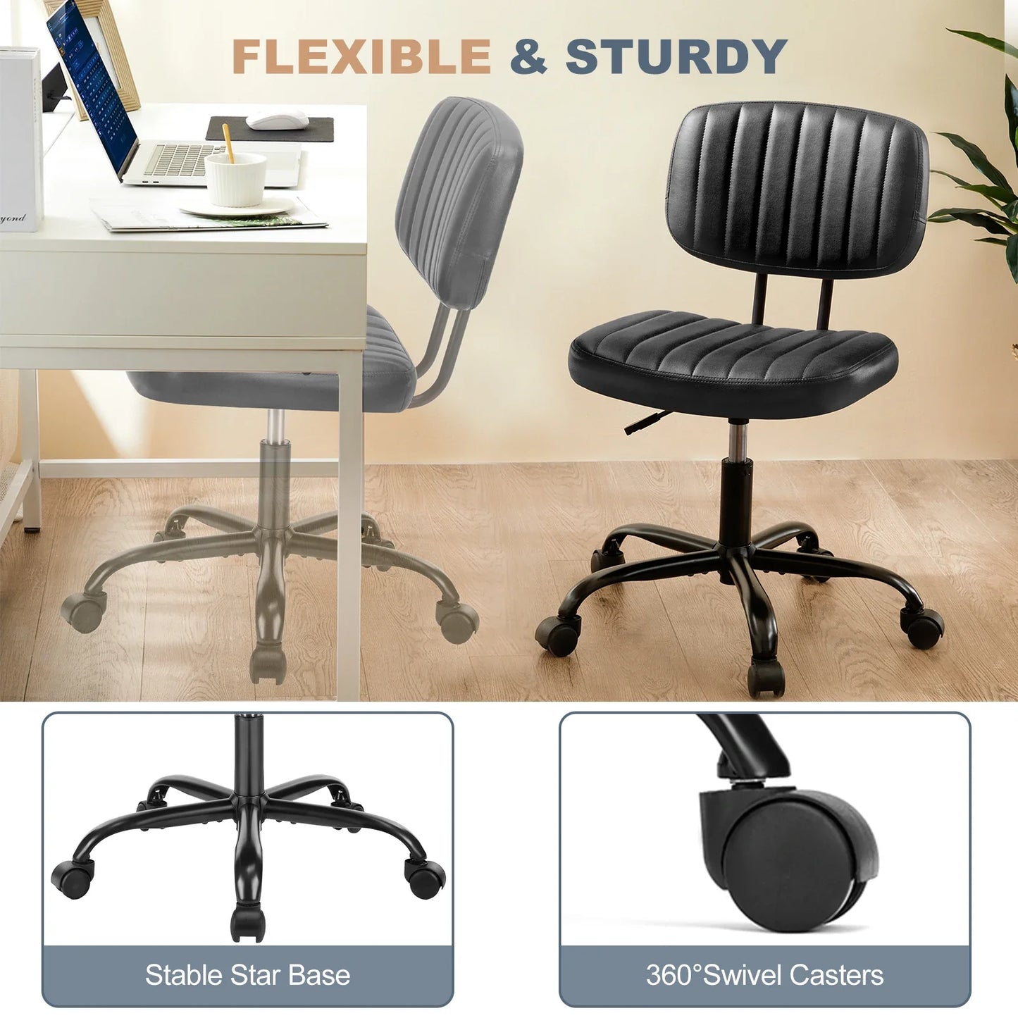 Armless Office Desk Chair – Height Adjustable PU Leather with Lumbar Support & 360° Swivel Wheels