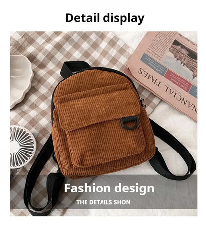 Women's Mini Backpack - Fashionable Solid Color Corduroy Casual Schoolbag with Large Capacity