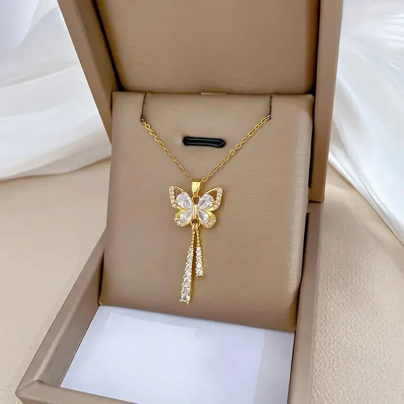 Exquisite Micro Inlaid Zircon Butterfly Tassel Necklace – Titanium Steel, Perfect Gift for Fashion-Forward Women