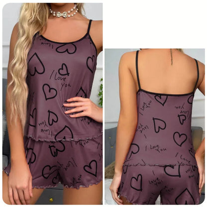 Women’s Heart Print Silk Pajama Set - Sexy Pleated Vest Top & Shorts Soft Cute Home Wear
