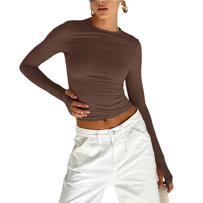 Women’s Long Sleeve Slim Fit Crop Top T-Shirt – Crew Neck Solid Color Thumb Hole Streetwear Summer Camisole Top